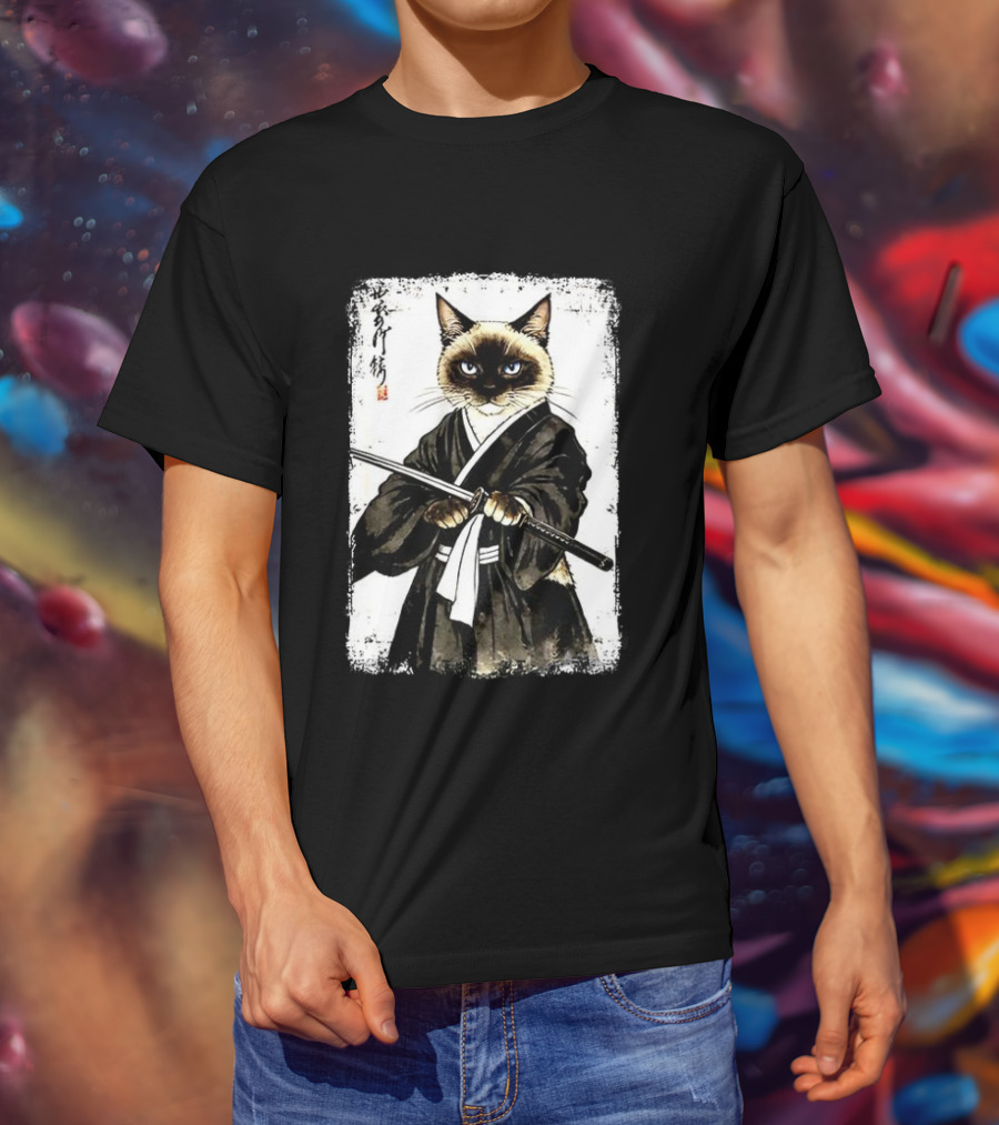 Siamese Cat Samurai Warrior Japanese Vantage Painting Kanji T-Shirt