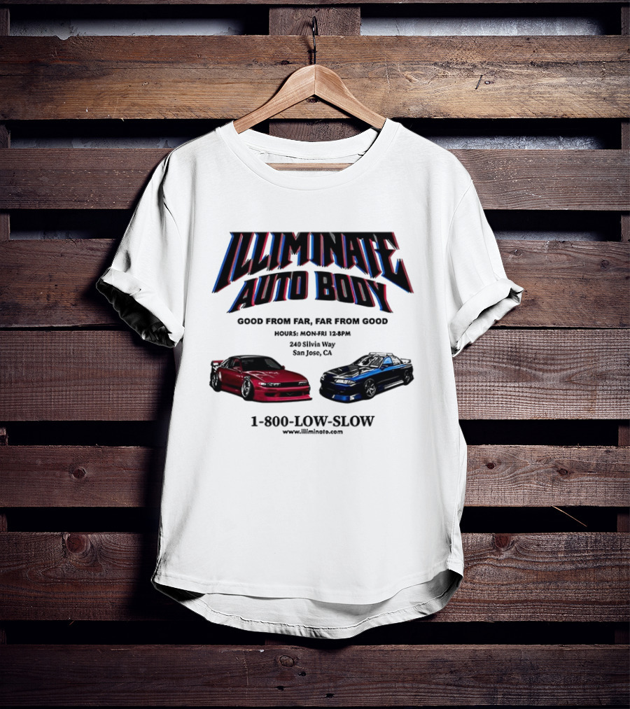 Illiminate Auto Body Good From Far Far From Good Retro Red Blue Car T-Shirt