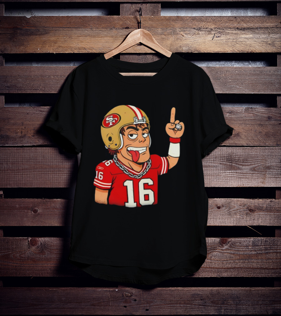 Legendary Quarterback Joe Montana #16 San Francisco 49ers Cartoon Helmet Tongue Out T-Shirt