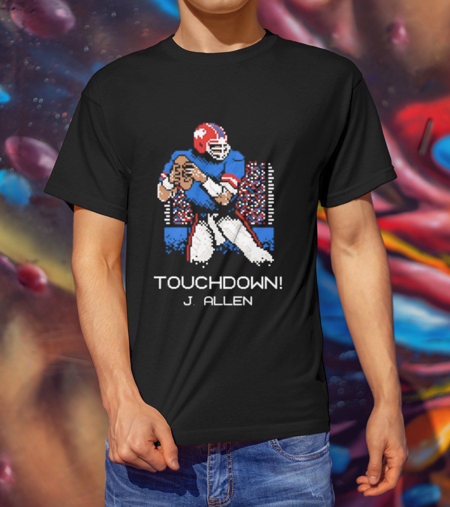 TOUCHDOWN J ALLEN Retro Football Quarterback Blue Red Helmet T-Shirt