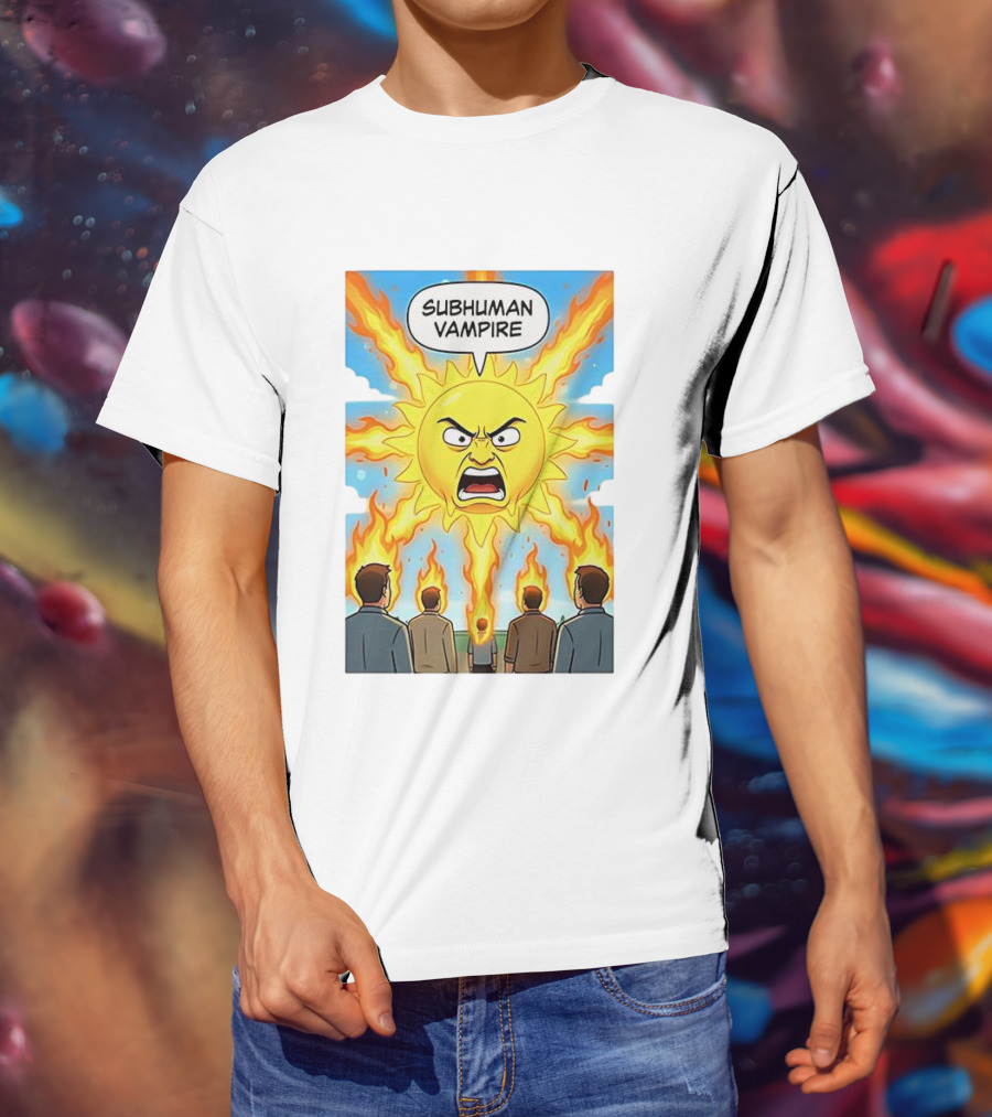 Subhuman Vampire Angry Sun Cartoon With Flames T-Shirt