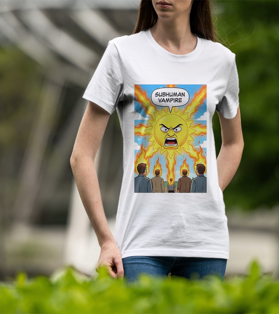 Subhuman Vampire Angry Sun Cartoon With Flames T-Shirt