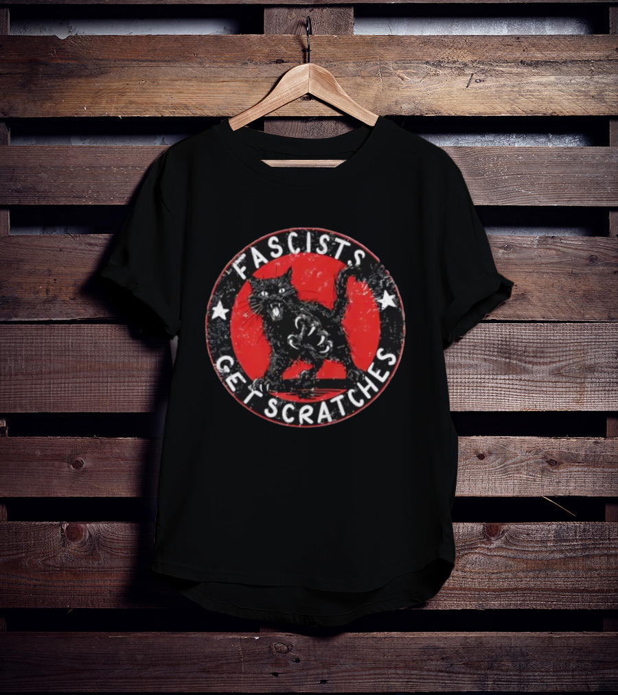 Black Cat Fascists Get Scratches Round Emblem With Stars T-Shirt