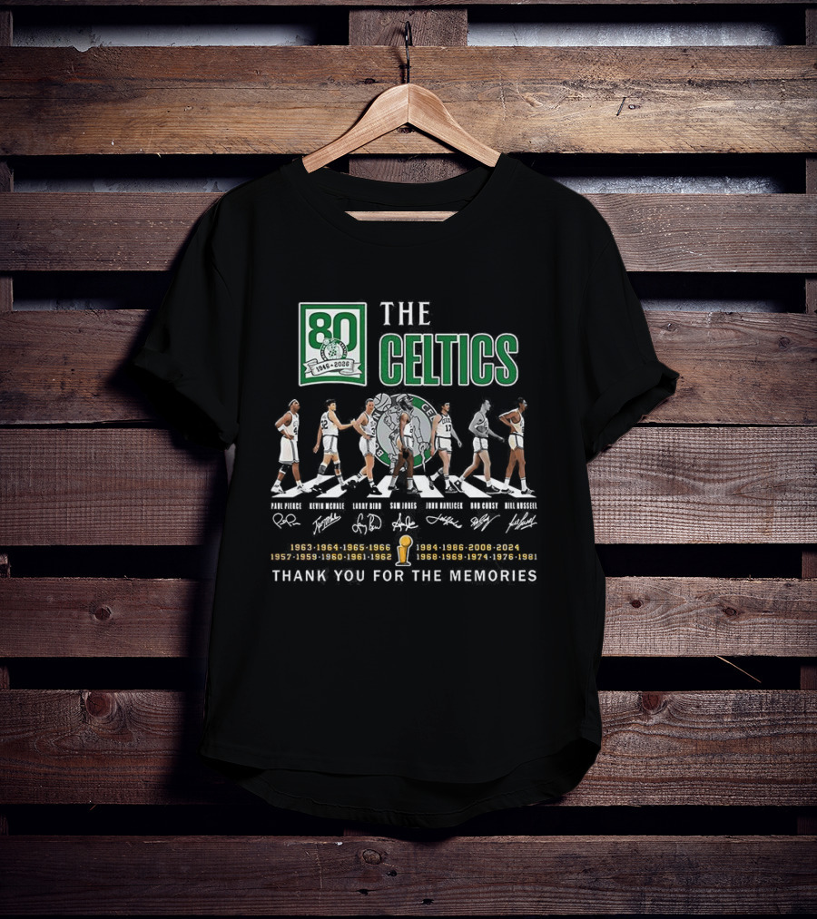 Boston Celtics 80th Anniversary Legendary Players Coaches Signatures Commemorative 1950s 1960s 1970s 1980s T-Shirt