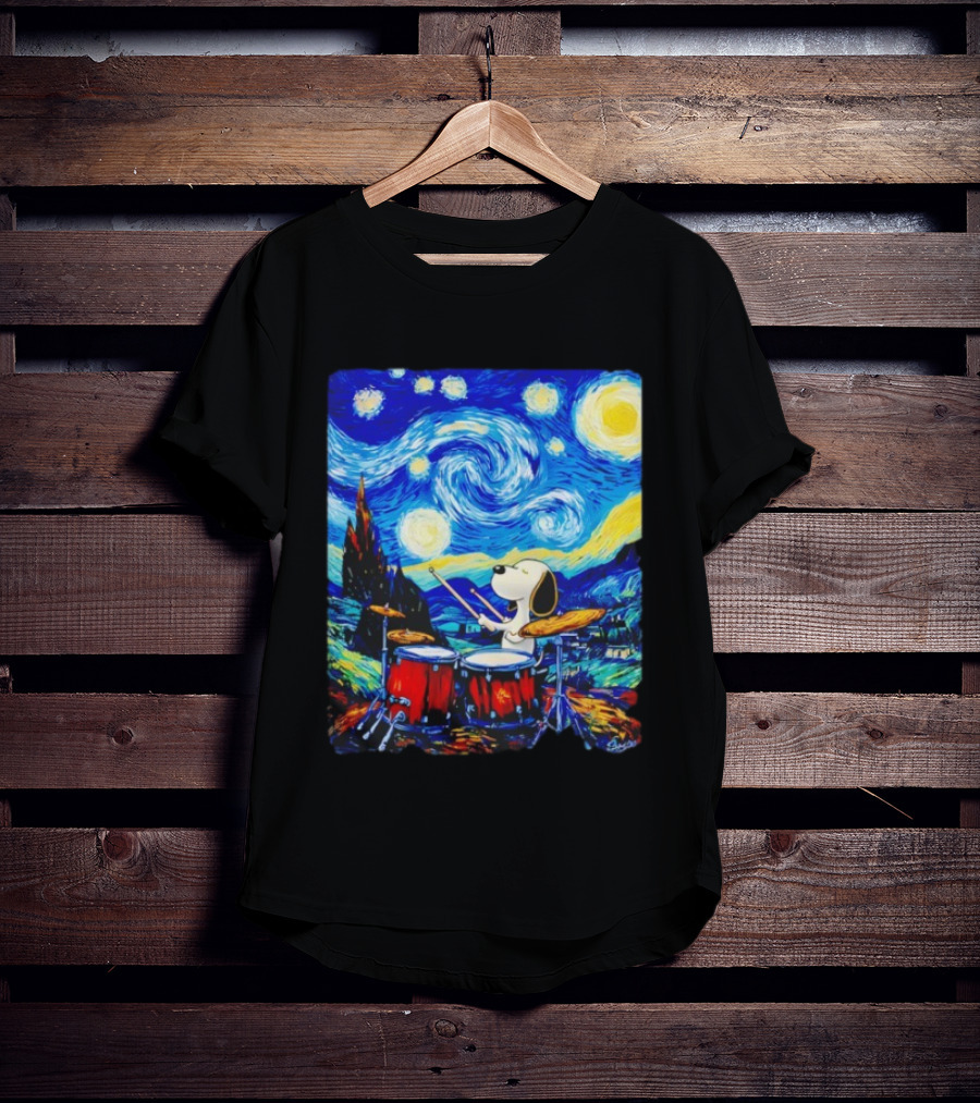 Snoopy Playing Drums Starry Night Van Gogh T-Shirt
