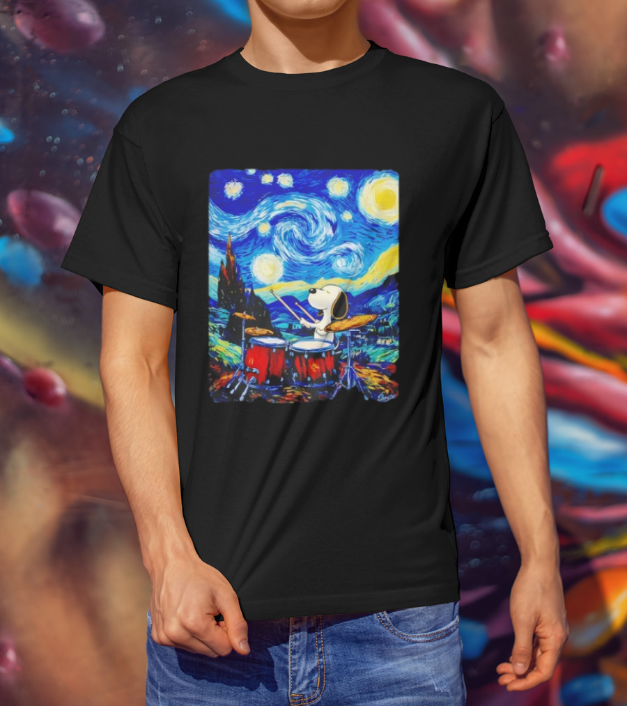 Snoopy Playing Drums Starry Night Van Gogh T-Shirt