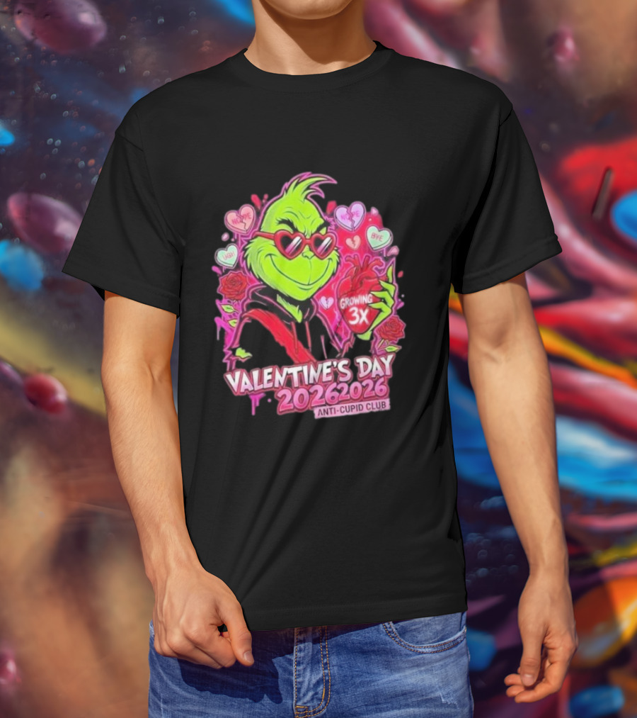 The Grinch Valentine's Day 2026 Anti Cupid Club Growing 3X Heart Funny Sarcastic Candy Hearts T-Shirt