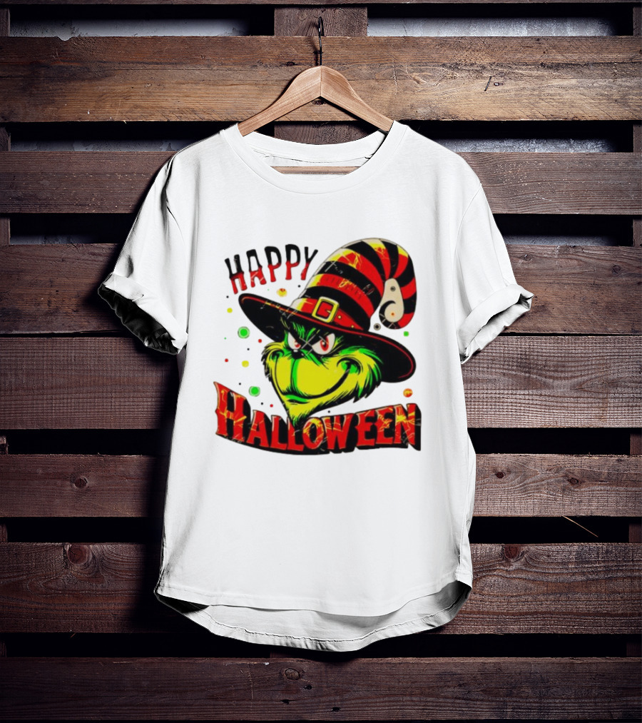 Happy Halloween Grinch Witch Hat Striped Festive T-Shirt