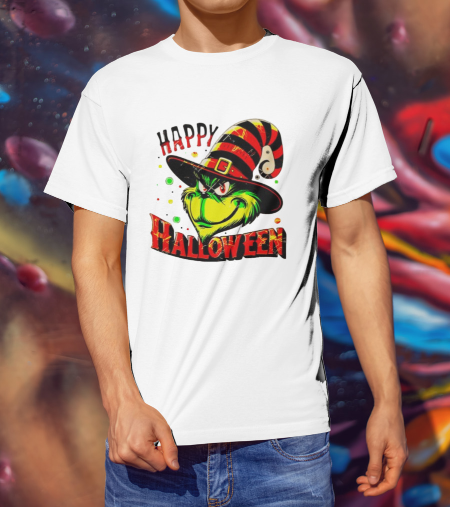 Happy Halloween Grinch Witch Hat Striped Festive T-Shirt