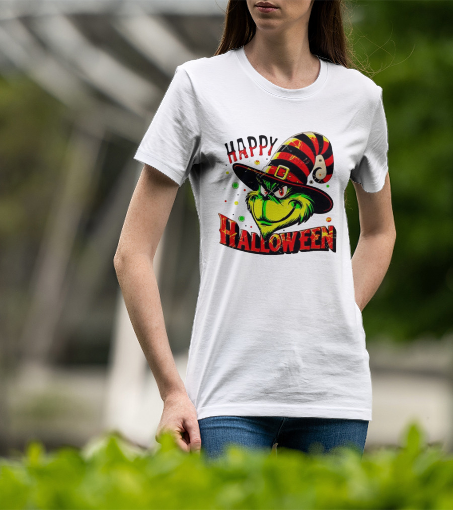 Happy Halloween Grinch Witch Hat Striped Festive T-Shirt