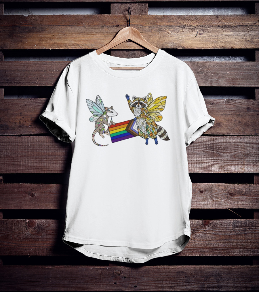 LGBTQ Pride Flag Fairy Opossum And Raccoon With Wings T-Shirt
