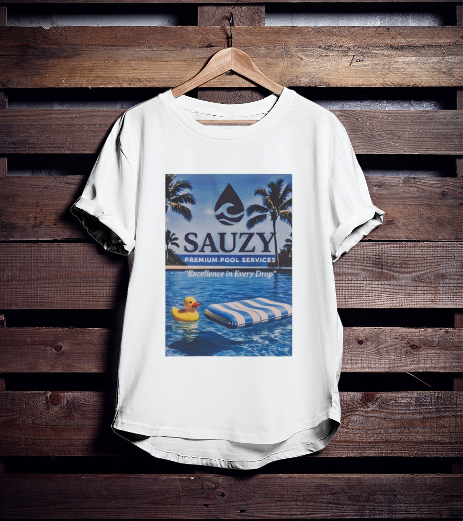 Sauzy Premium Pool Services Excellence In Every Drop Floating Fun With Duck And Lounger Palm Oasis T-Shirt