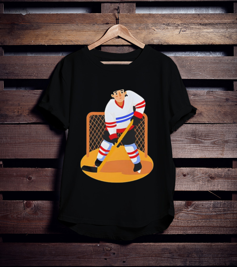 Ice Hockey Goalie In Action With Stick And Net Background T-Shirt