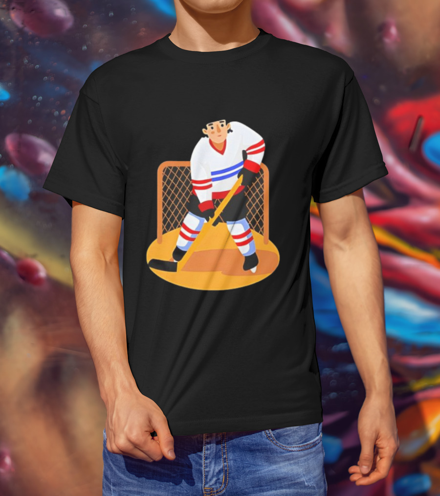 Ice Hockey Goalie In Action With Stick And Net Background T-Shirt