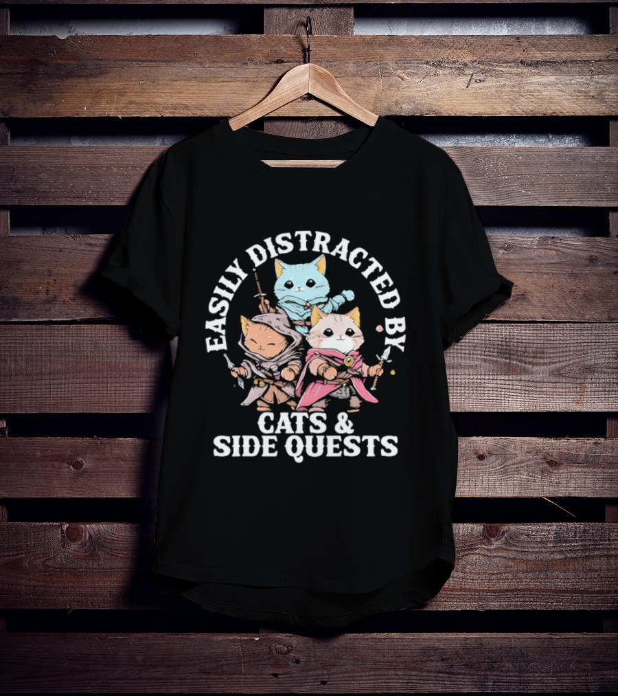 Easily Distracted By Cats And Side Quests Adventure Cats T-Shirt