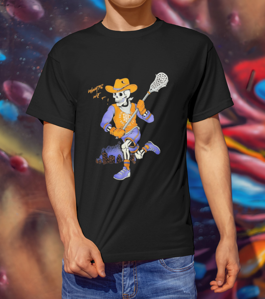 BriarBrothers Brewing Co Skeleton Lacrosse Player With City Skyline T-Shirt