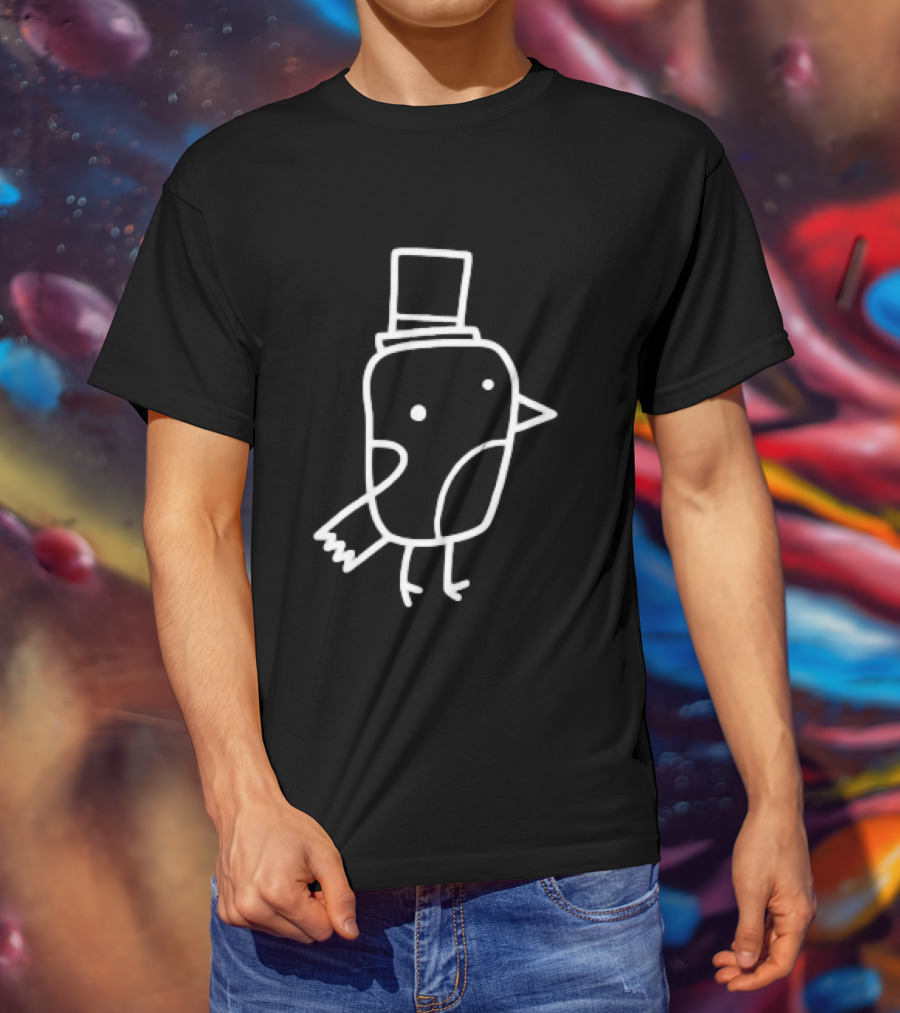 Minimalist Line Art Gentleman Bird Doodle Top Hat T-Shirt