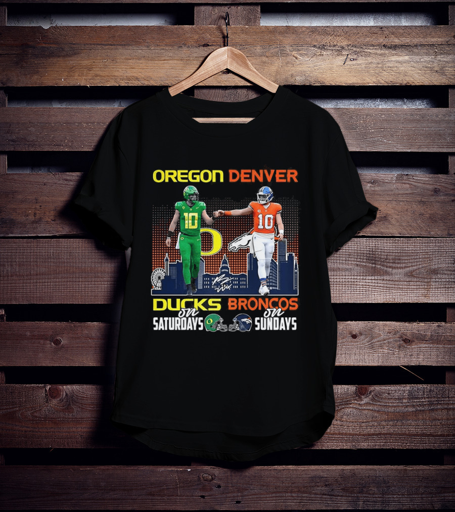 Oregon Ducks Saturdays Denver Broncos Sundays Bo Nix Signature Skyline T-Shirt