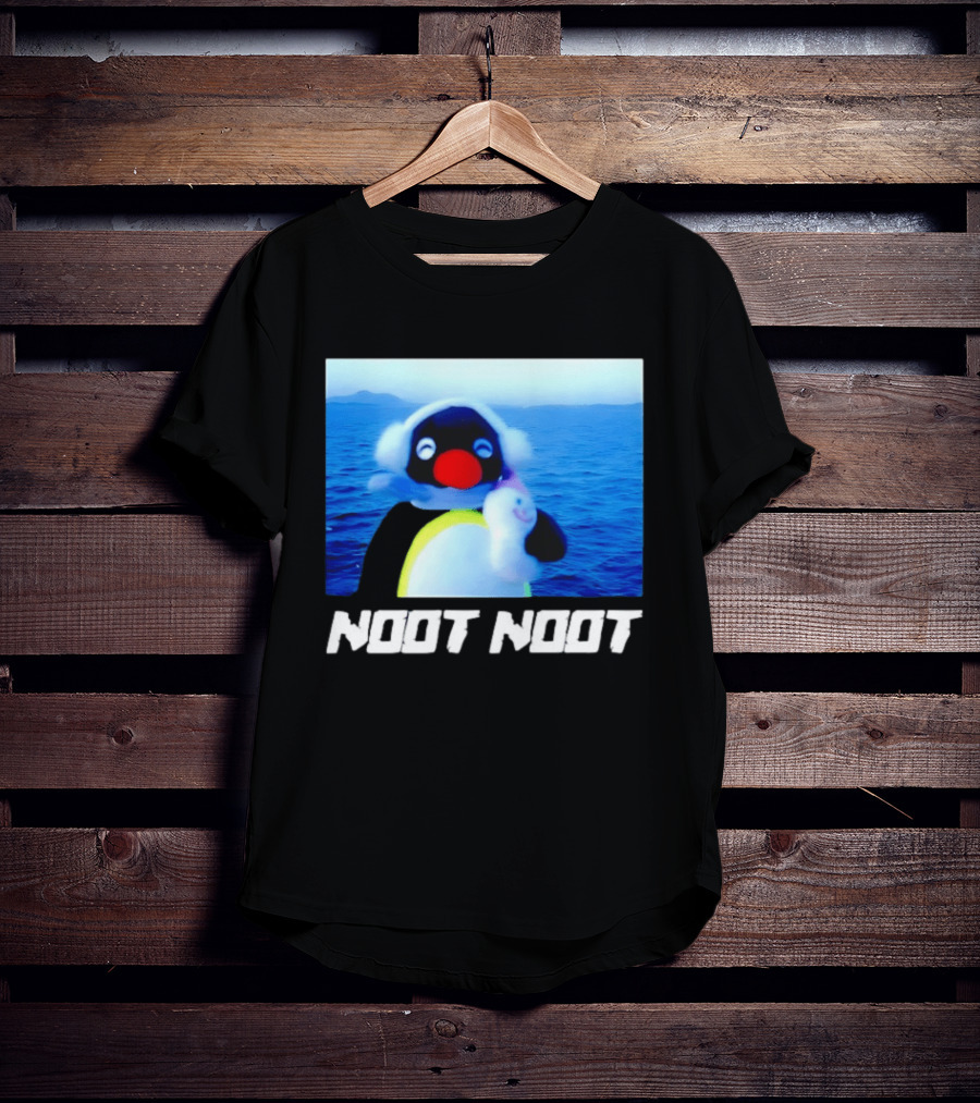 Noot Noot Penguin Holding Toy Ocean Background T-Shirt
