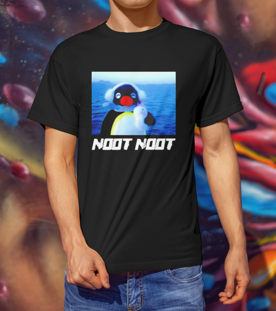 Noot Noot Penguin Holding Toy Ocean Background T-Shirt