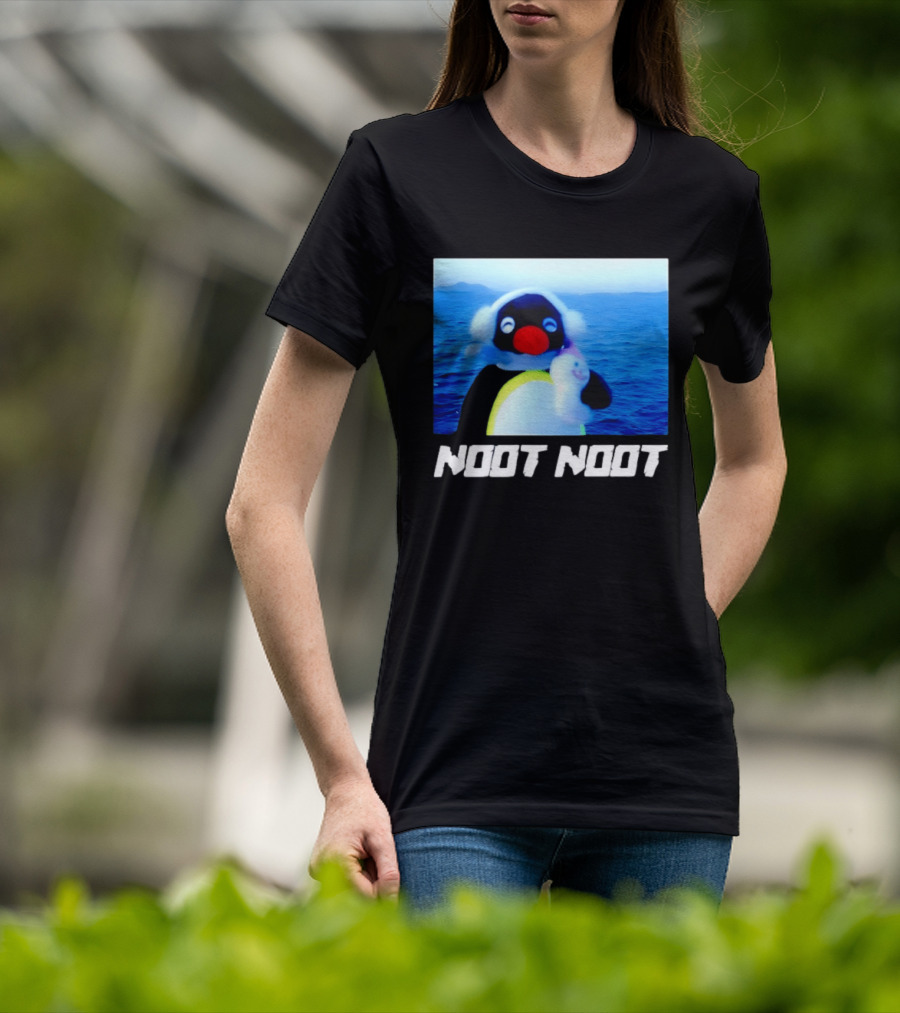 Noot Noot Penguin Holding Toy Ocean Background T-Shirt