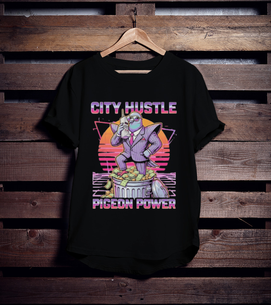Pigeon Power City Hustle Funny Retro 80s Synthwave Suit Money Trash Can Telephone T-Shirt