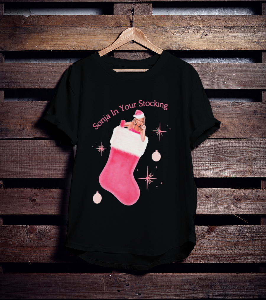 Sonja In Your Stocking Holiday Christmas Sox Pink Santa Hat Festive T-Shirt