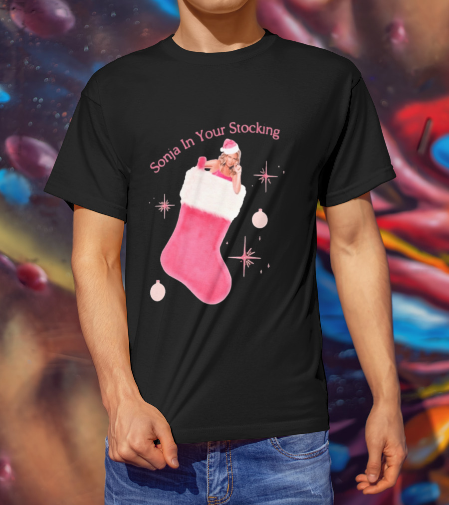 Sonja In Your Stocking Holiday Christmas Sox Pink Santa Hat Festive T-Shirt