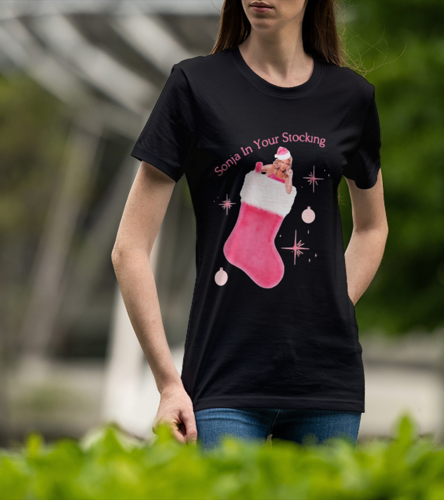 Sonja In Your Stocking Holiday Christmas Sox Pink Santa Hat Festive T-Shirt