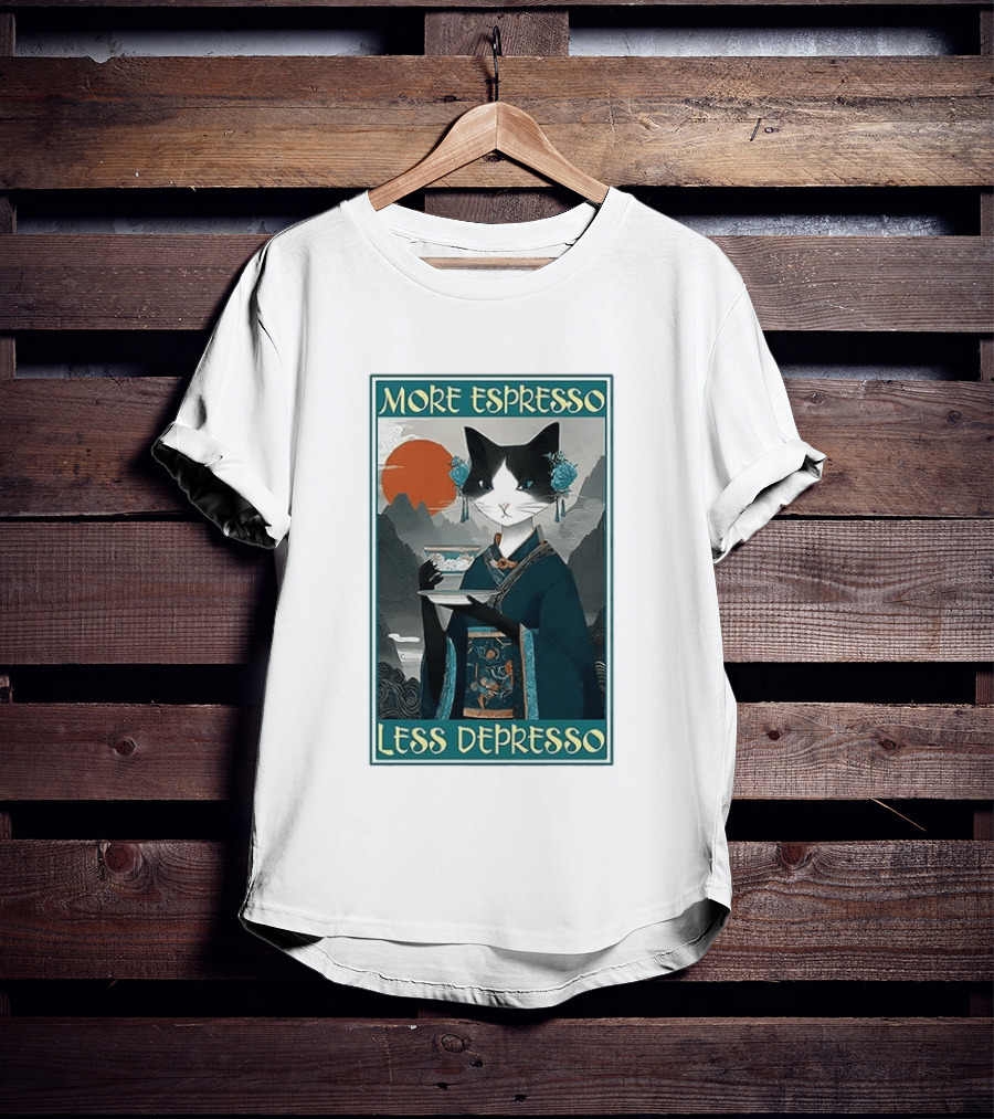 More Espresso Less Depresso Zen Barista Cat Ukiyo E T-Shirt