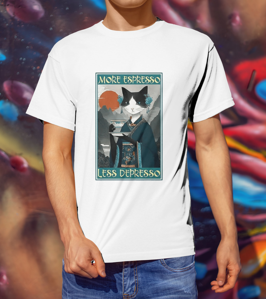 More Espresso Less Depresso Zen Barista Cat Ukiyo E T-Shirt