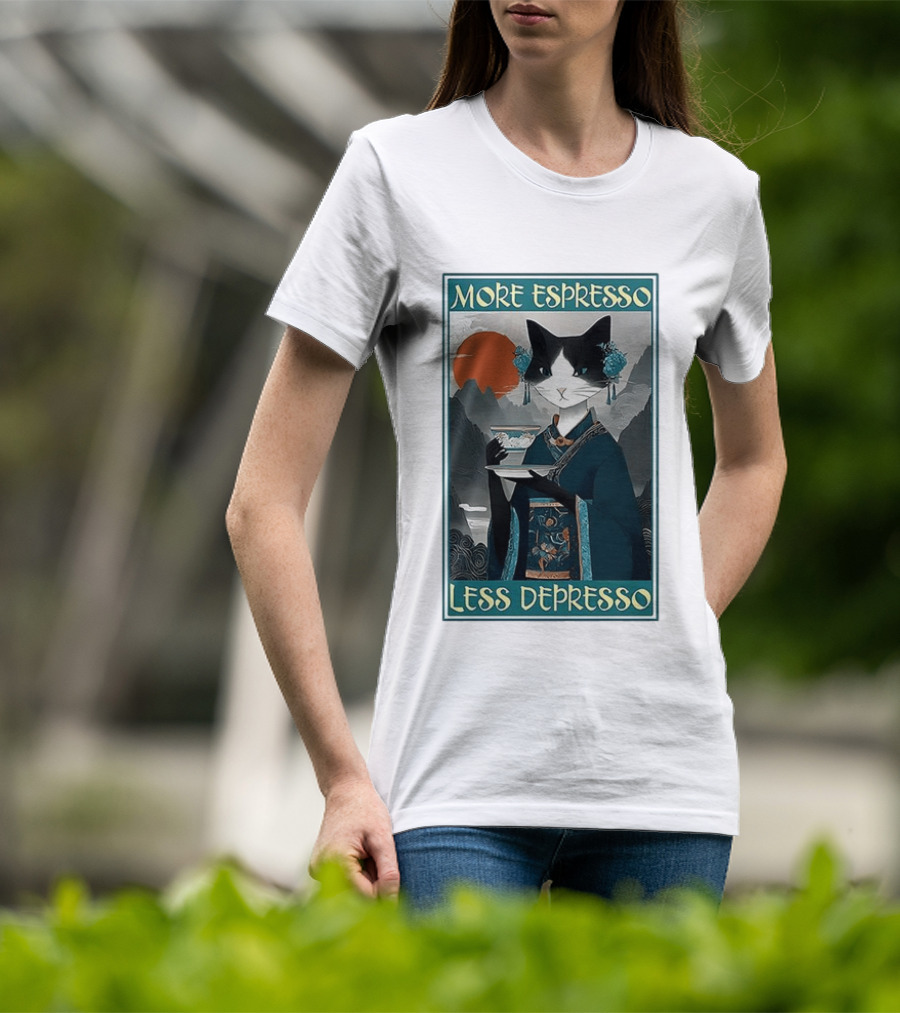 More Espresso Less Depresso Zen Barista Cat Ukiyo E T-Shirt