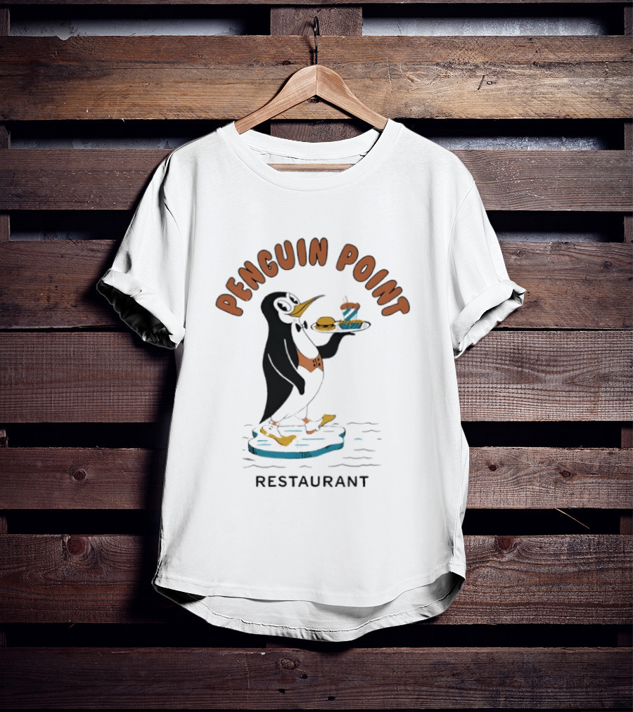 Penguin Point Restaurant Mascot Penguin With Bow Tie And Meal T-Shirt