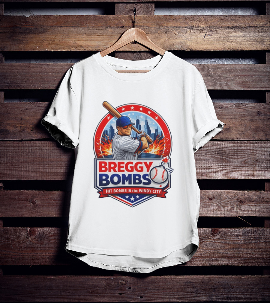 Breggy Bombs Hit Bombs In The Windy City Baseball Power Chicago Skyline Fireworks T-Shirt