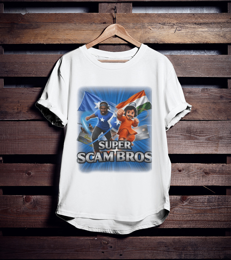 Super Scam Bros Indian Flag With Cartoon Superheroes And Credit Cards T-Shirt