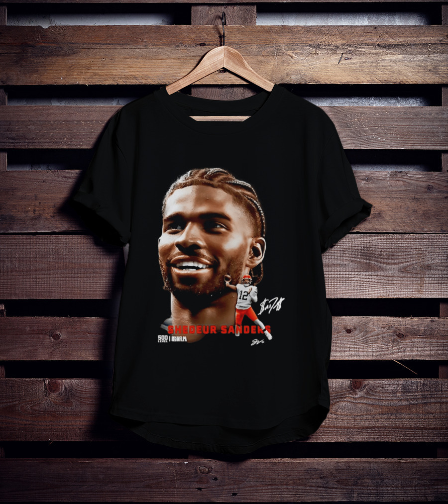 Shedeur Sanders NFLPA 500 Level Dual Autograph Cleveland 12 T-Shirt