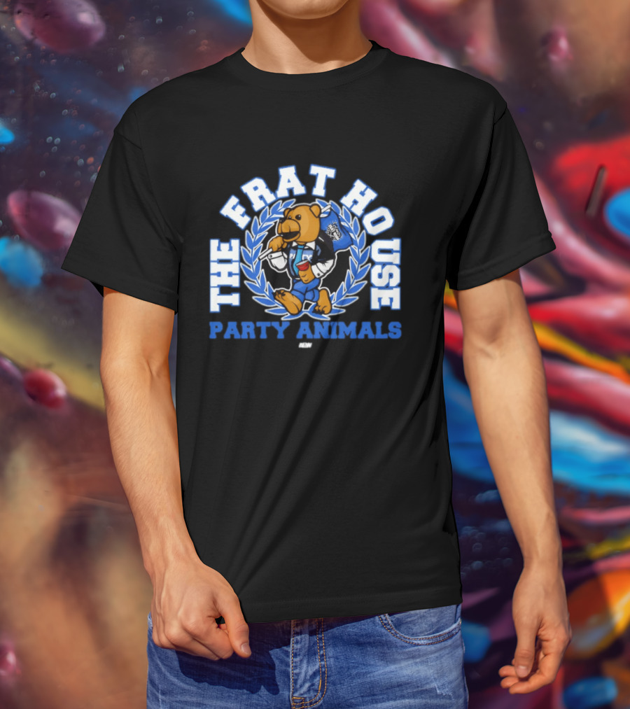 The Frat House Party Animals Beer Bear Drinking In Blue College Jacket T-Shirt