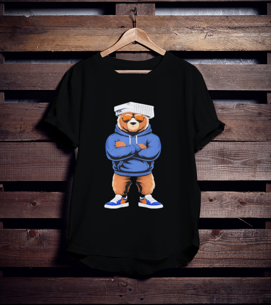 Bear With Cheese Grater Hat And Cool Sunglasses In Blue T-Shirt