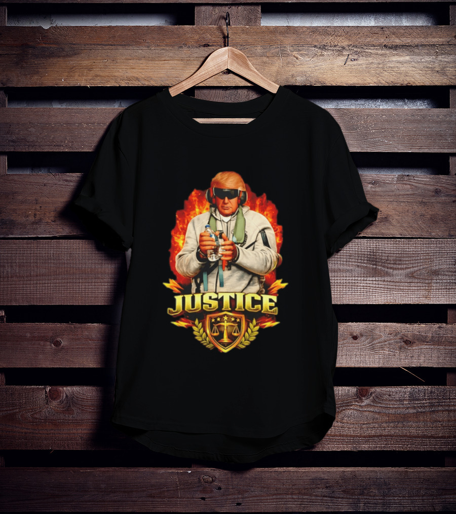 Justice Trump Flaming Background Holding Water Scales Of Justice T-Shirt