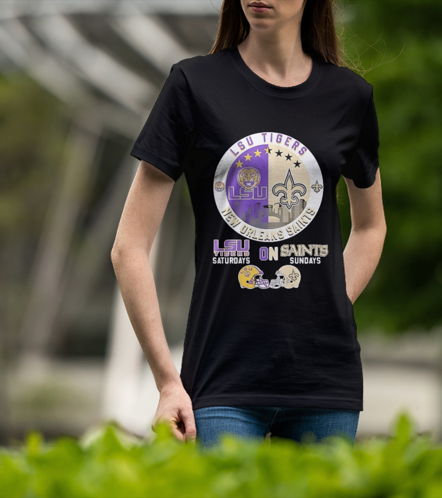 LSU Tigers Saturdays New Orleans Saints Sundays Mashup Helmet T-Shirt