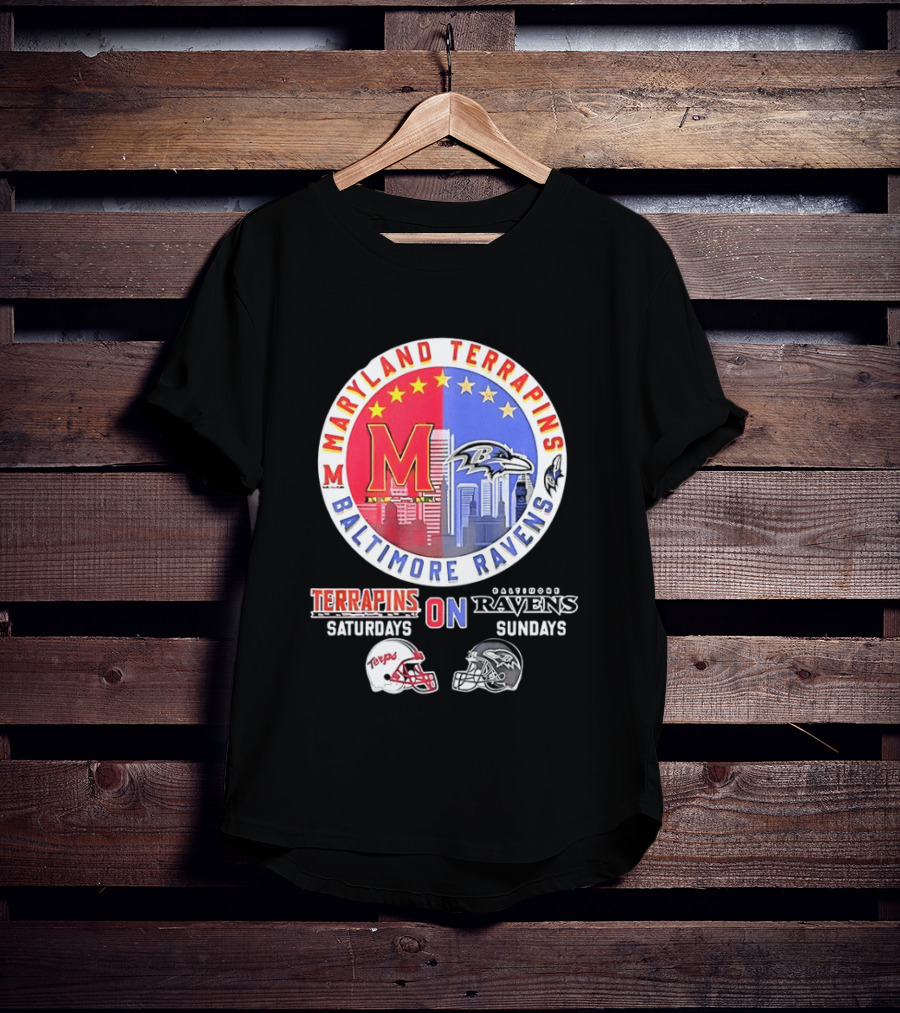 Maryland Terrapins Saturdays Baltimore Ravens Sundays Mashup Helmet T-Shirt