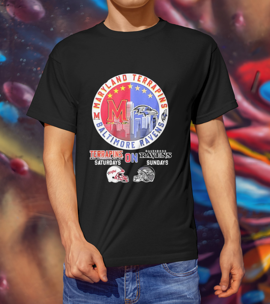 Maryland Terrapins Saturdays Baltimore Ravens Sundays Mashup Helmet T-Shirt
