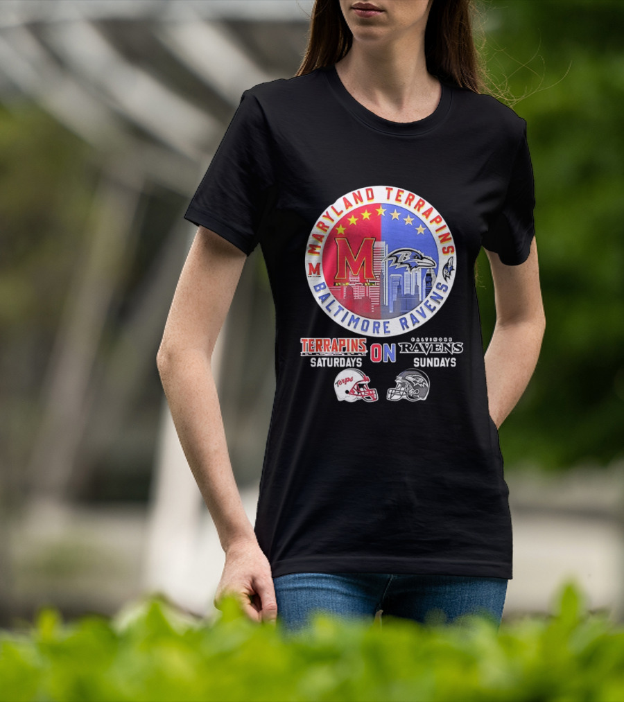 Maryland Terrapins Saturdays Baltimore Ravens Sundays Mashup Helmet T-Shirt