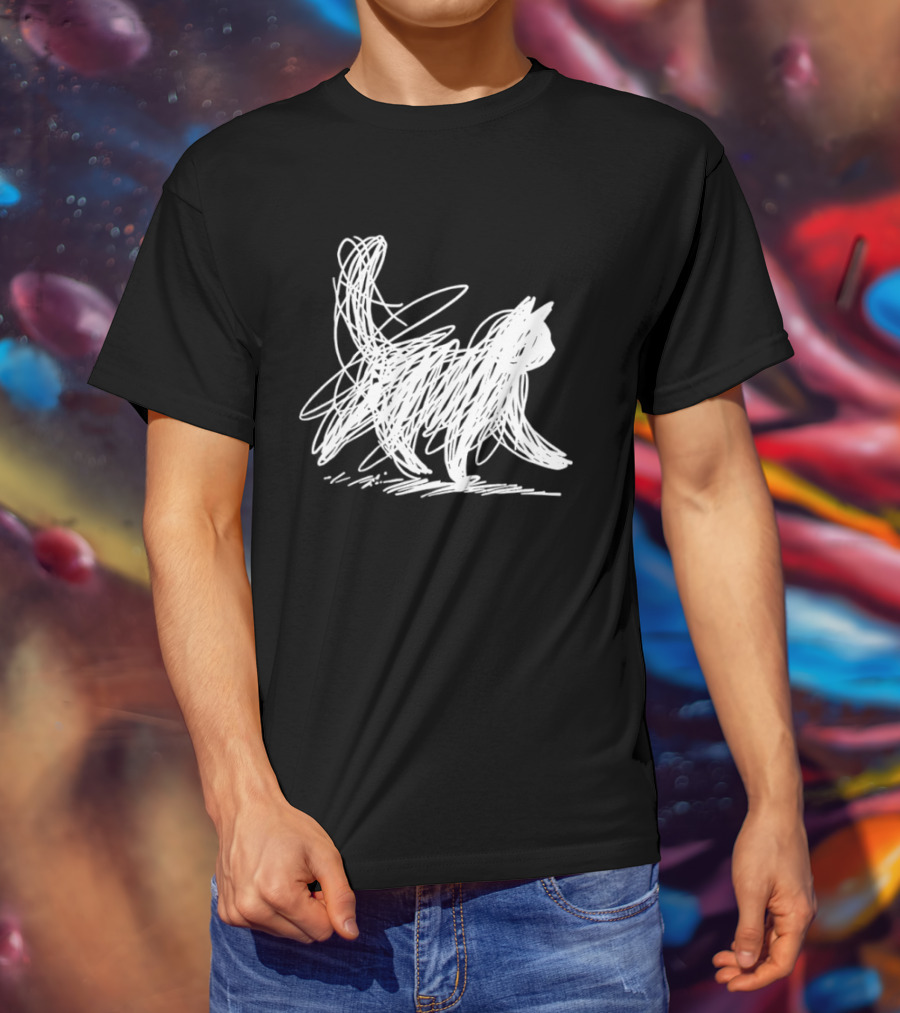 Scribble Cat Minimal Line Art Japanese T-Shirt