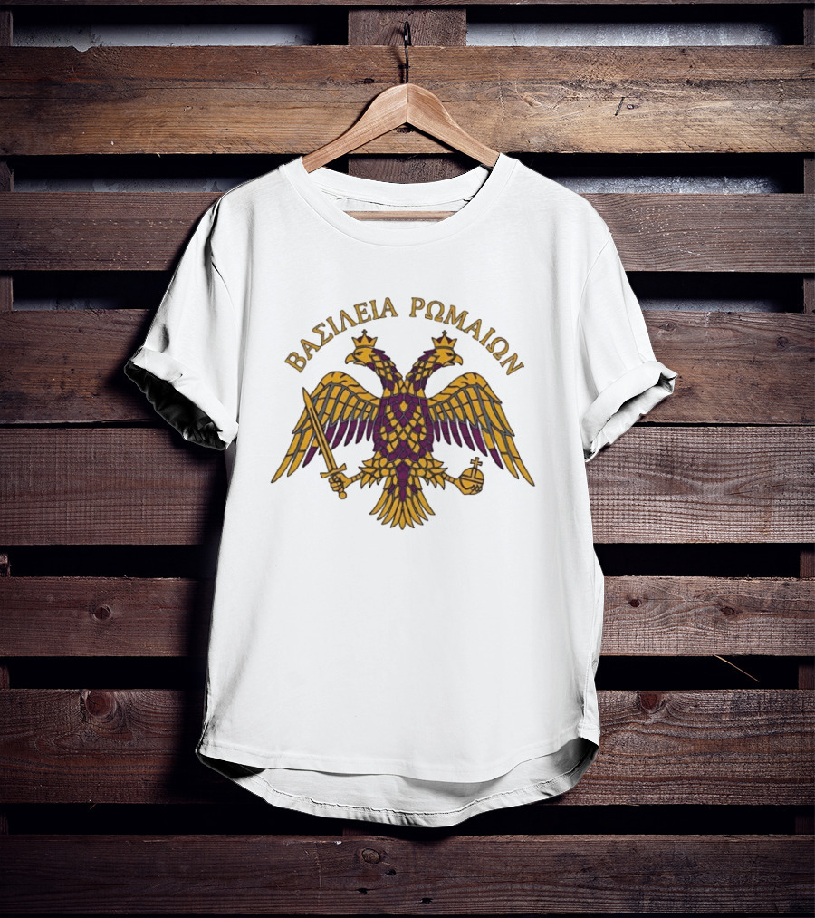 ΒΑΣΙΛΕΙΑ ΡΩΜΑΙΩΝ Byzantine Double Headed Eagle Symbol Greek Orthodox Heritage T-Shirt