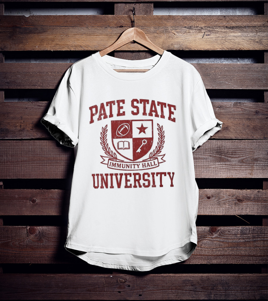 Pate State University Immunity Hall Laurel Wreath Shield Football Star Book Key T-Shirt