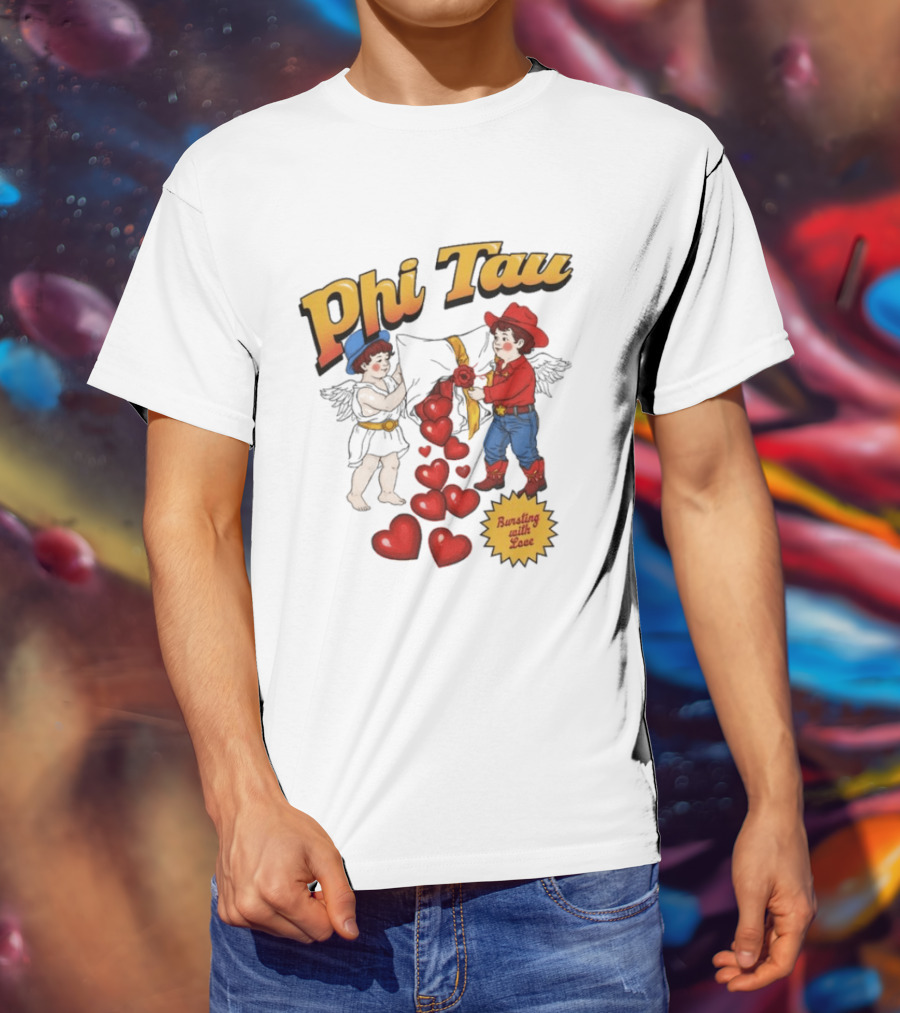 Phi Tau Valentine's Cupid And Cowboy Bursting With Love Hearts T-Shirt