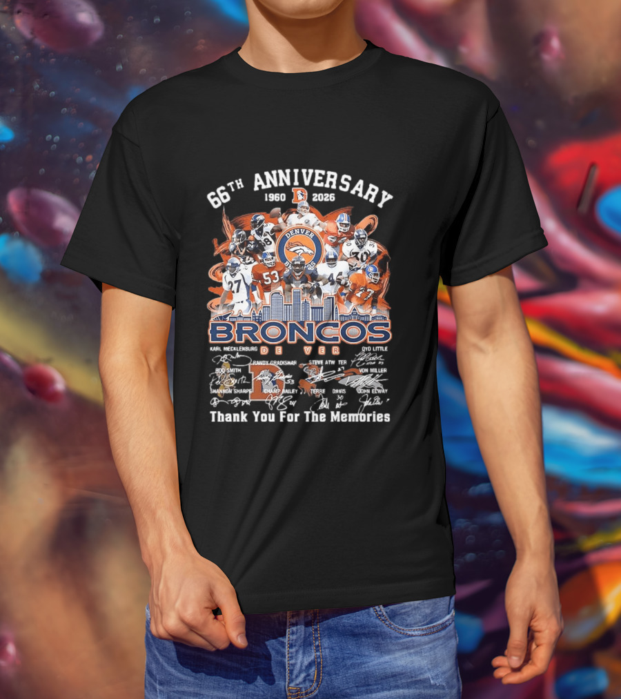 Denver Broncos 66th Anniversary 1959 2023 Thank You For The Memories Skyline Players T-Shirt