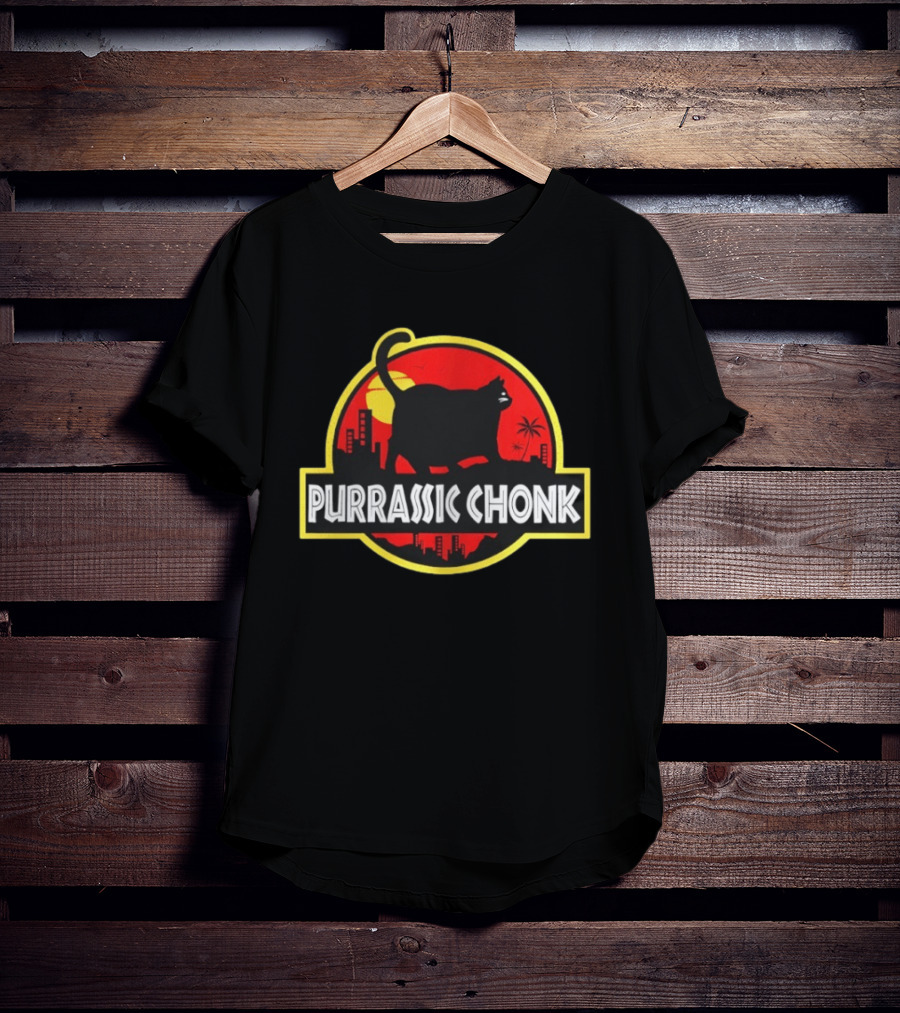 Purrassic Chonk Jurassic Cat Parody With Cat Silhouette On Red Sun T-Shirt