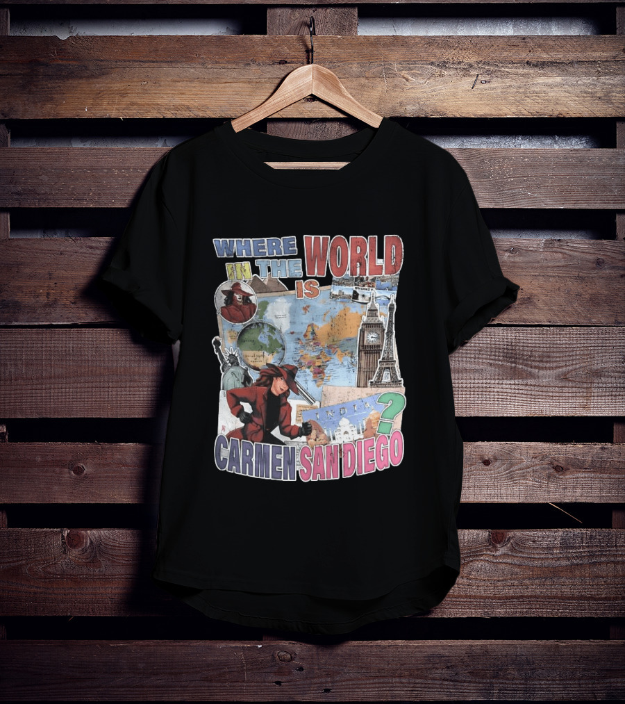 Where In The World Is Carmen Sandiego Map And Landmarks Collage T-Shirt
